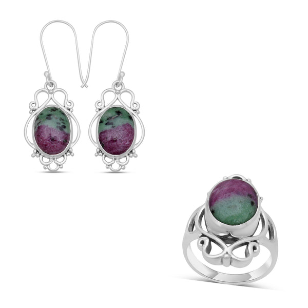 925 Silver Ruby Zoisite Ring & Earrings Set