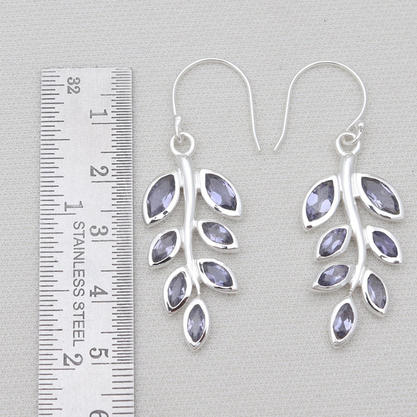 Blue Iolite Gemstone Silver Leaf Earrings