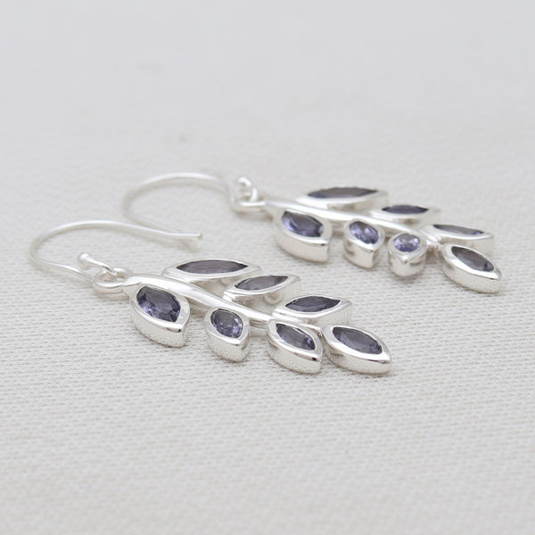 Blue Iolite Gemstone Silver Leaf Earrings