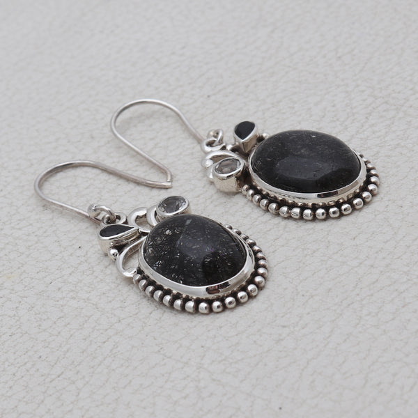 Natural Black Rutile Quartz Silver Earrings