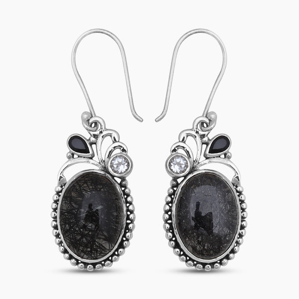 Natural Black Rutile Quartz Silver Earrings