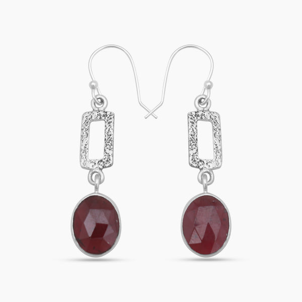 Checker Cut Garnet Silver Drop Earrings