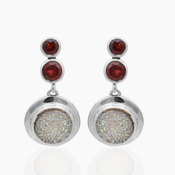 Garnet & Rainbow Druzy Silver Earrings