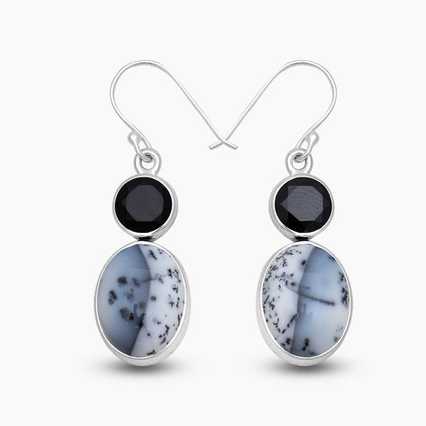 Dendritic Opal & Black Onyx Silver Earrings
