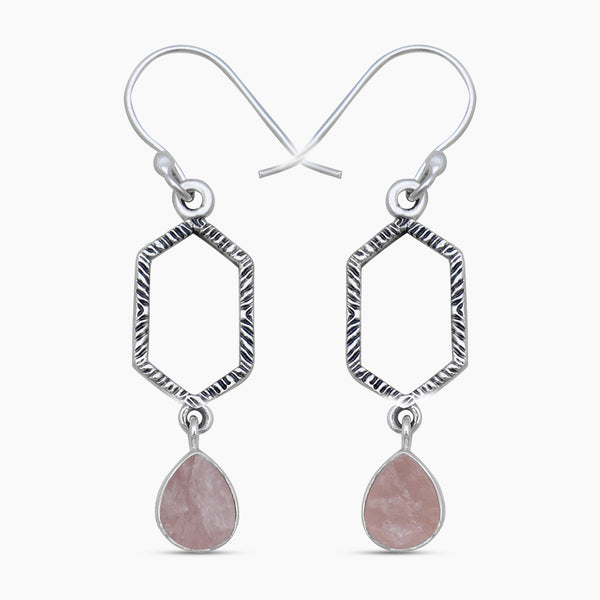 Raw Rose Quartz Silver Earrings