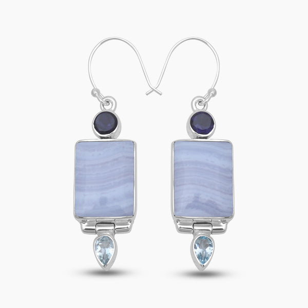 Blue Lace Agate Silver Designer Earrings