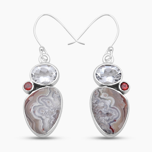 Crazy Lace Agate Silver Designer Earrings