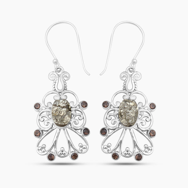 Pyrite Druzy & Smoky Quartz Silver Earrings