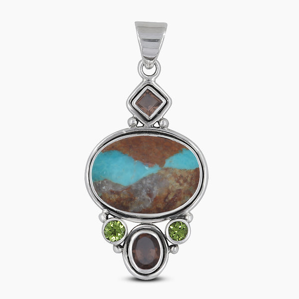 Boulder Turquoise With Multistone Silver Pendants
