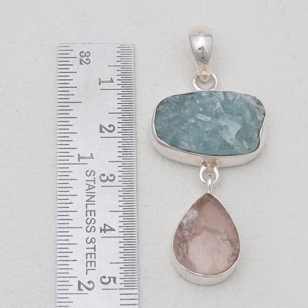 Raw Aquamarine & Rose Quartz Silver Pendants