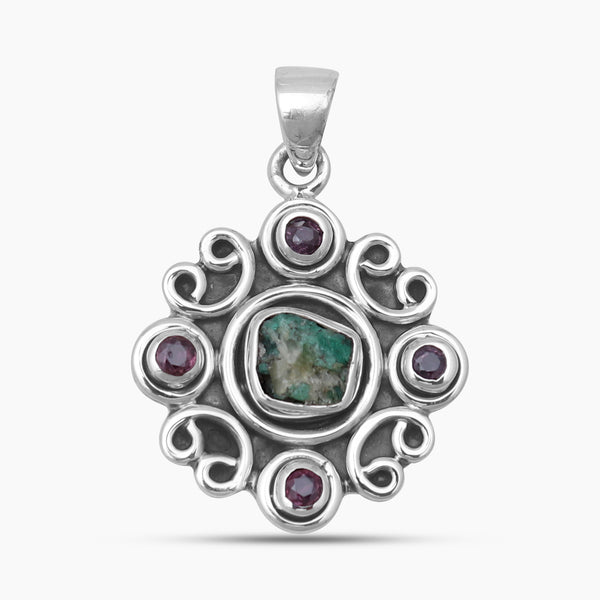 Raw Emerald & Ruby Silver Pendant