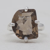 Checker Cut Smoky Quartz Silver Rings