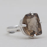 Checker Cut Smoky Quartz Silver Rings