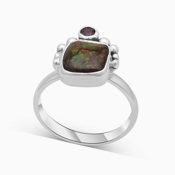 Ammolite & Garnet Silver Rings