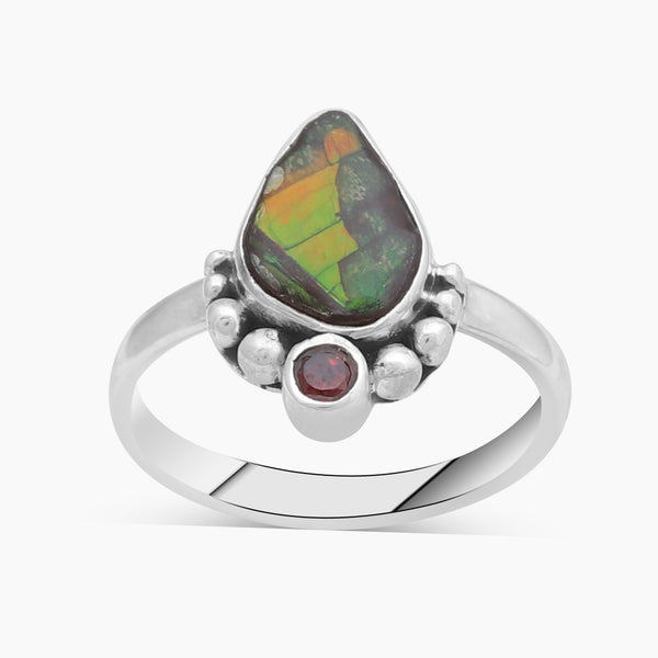 Ammolite & Garnet Silver Rings