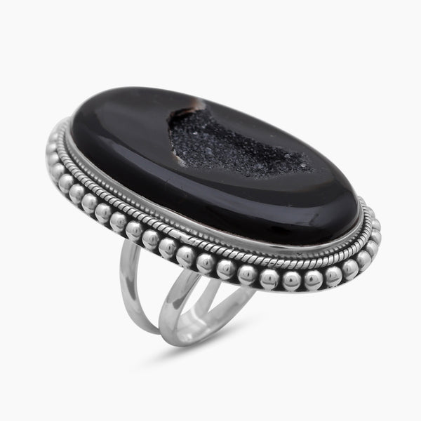 Black Agate Druzy Silver Rings