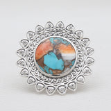 Turquoise Spiny Oyster Silver Mandala Rings