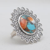 Turquoise Spiny Oyster Silver Mandala Rings