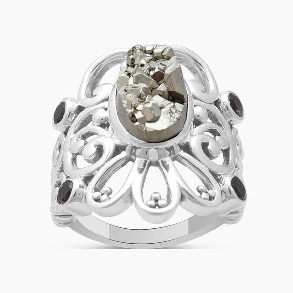 Pyrite Druzy & Smoky Quartz Silver Rings