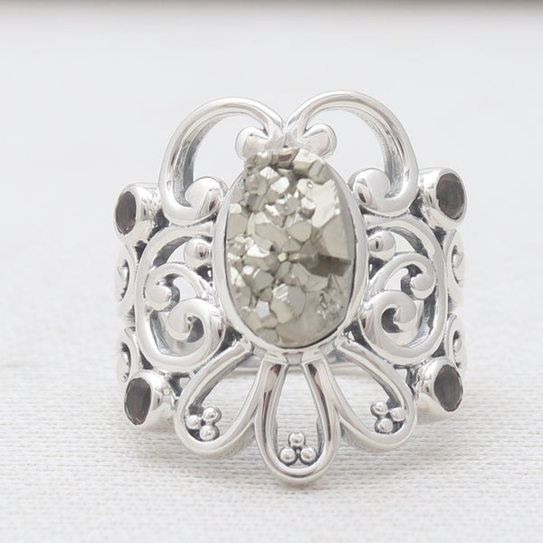Pyrite Druzy & Smoky Quartz Silver Rings