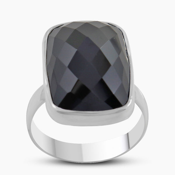 Black Onyx Checker Cut Silver Rings