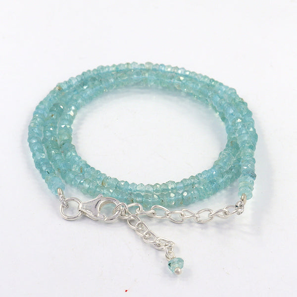 Blue Aquamarine Micro Cut Rondelle Beads Necklace Sterling Silver