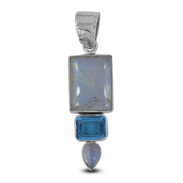 Rainbow Moonstone & Blue Topaz Silver Pendant