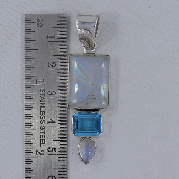 Rainbow Moonstone & Blue Topaz Silver Pendants