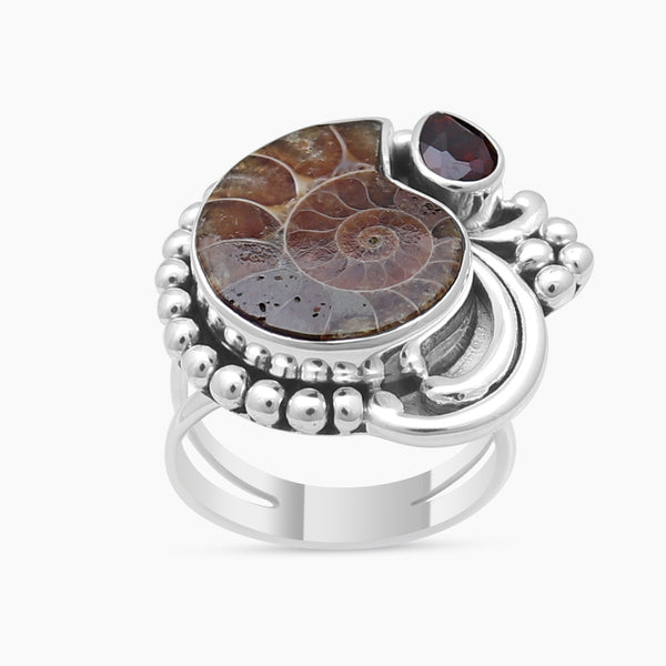 Ammonite & Garnet Silver Rings