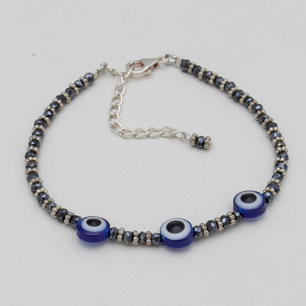 Natural Gun Metal & Evil Eye Beads Bracelet