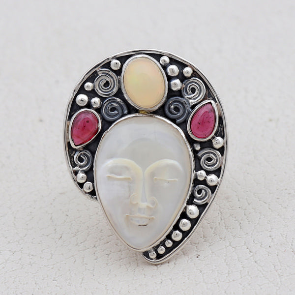 Carved Face Mother of Pearl Silver Rings