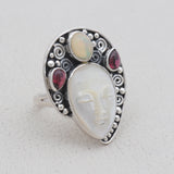 Carved Face Mother of Pearl Silver Ring