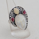 Carved Face Mother of Pearl Silver Ring