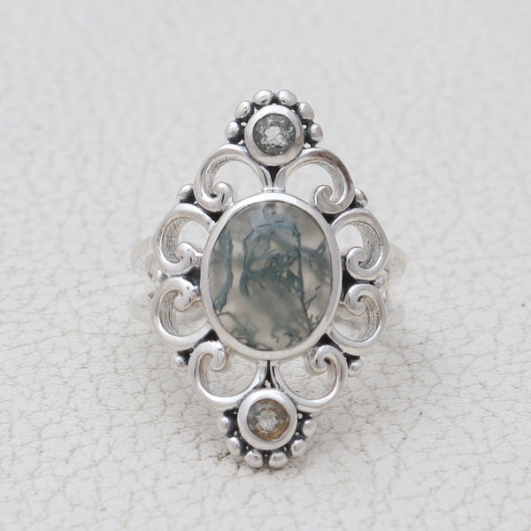 Moss Agate with Green Amethyst Silver Rings