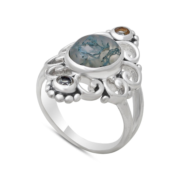 Moss Agate with Green Amethyst Silver Rings