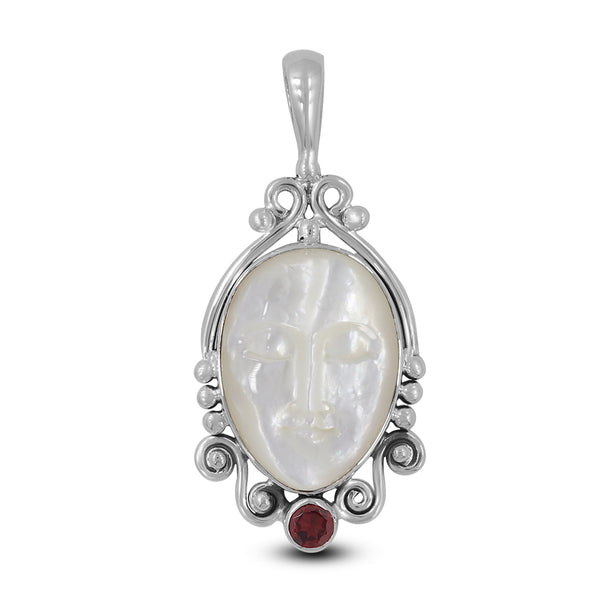 Face Carved Mother of Pearl Silver Pendant
