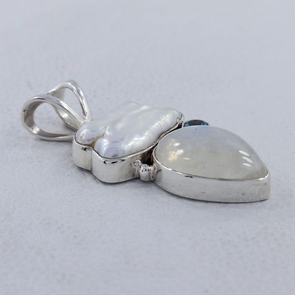 Pearl & Rainbow Moonstone Silver Pendants