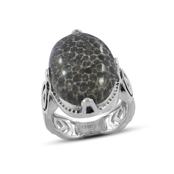 Fossil Black Coral Silver Rings