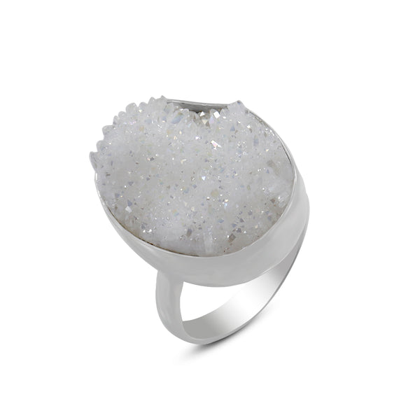 Rainbow White Druzy Silver Rings