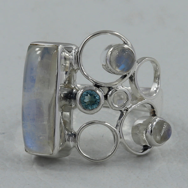 Blue Rainbow Moonstone Silver Rings