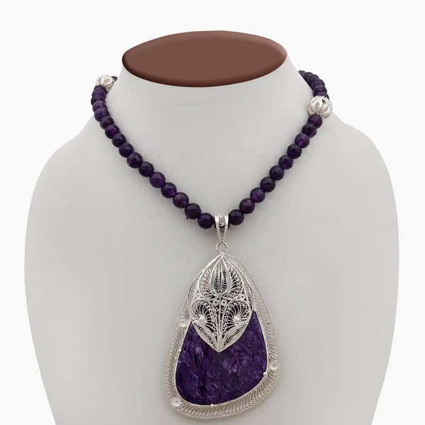Charoite Silver Beads Necklaces