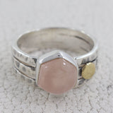 Natural Hexagon Cut Rose Quartz Sterling Silver Ring Jewelry