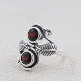 Garnet Ring 925 Sterling Silver Leaf Pattern Women Ring