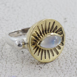 Marquise Rainbow Moonstone Silver Ring With Gold Plating