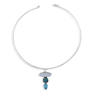 Rainbow Moonstone & Blue Topaz Silver Necklace