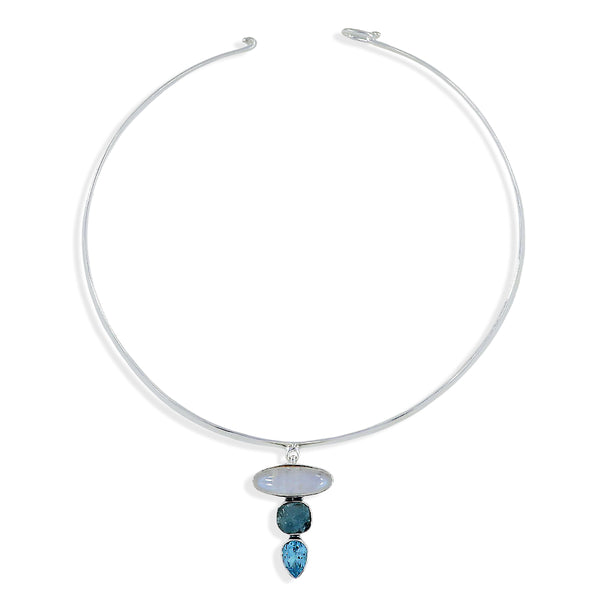 Rainbow Moonstone & Blue Topaz Silver Necklace