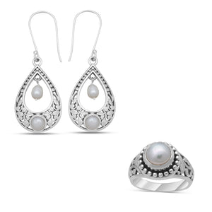 925 Sterling Silver Pearl Ring & Earrings Set
