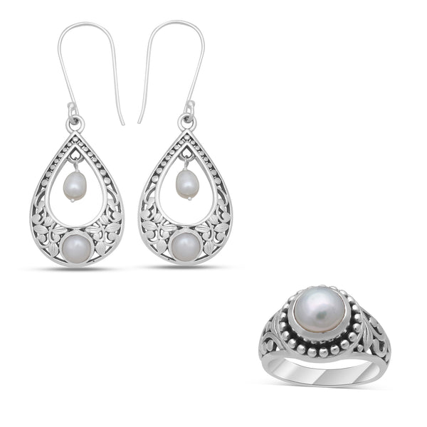 925 Sterling Silver Pearl Ring & Earrings Set