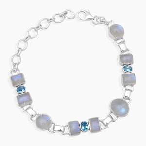 Rainbow Moonstone & Blue Topaz Silver Bracelets