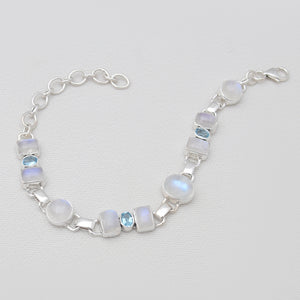 Rainbow Moonstone & Blue Topaz Silver Bracelets